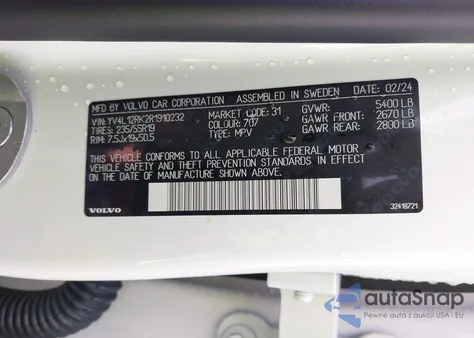 2024 Volvo Xc60 B5 Core Dark Theme из США, поврежденный, VIN YV4L12RK2R1910232